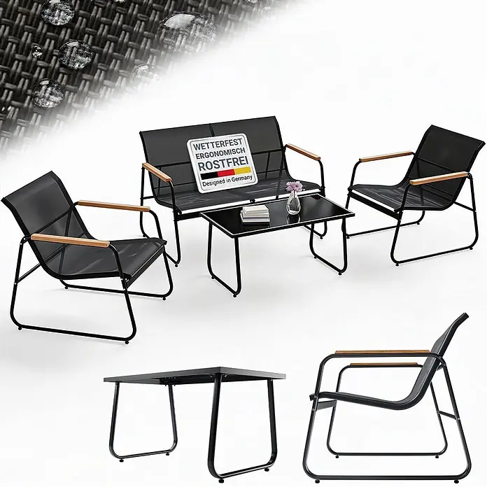 Juskys Loungemöbel-Set Genua - 4 -tlg., Gestell: Stahl (pulverbeschichtet); Tischplatte: 5 mm ESG-Glas; Sitzfläche: Polyester (PVC-beschichtet), Anthrazit - Schwarze wetterfeste Gartenmöbelgarnitur: zwei Stühle, ein Sofa und ein Couchtisch, mit Netzbespannung und Holzarmlehnen.