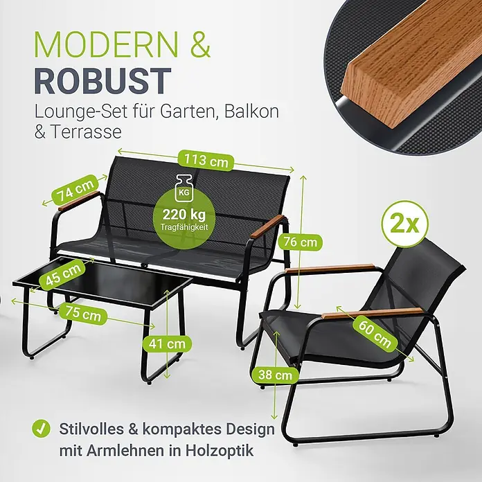 Juskys Loungemöbel-Set Genua - 4 -tlg., Gestell: Stahl (pulverbeschichtet); Tischplatte: 5 mm ESG-Glas; Sitzfläche: Polyester (PVC-beschichtet), Anthrazit - Schwarzes Metall-Lounge-Set mit Holzarmlehnen, bestehend aus 2-Sitzer-Sofa, 2 Stühlen und Couchtisch für Garten oder Balkon.