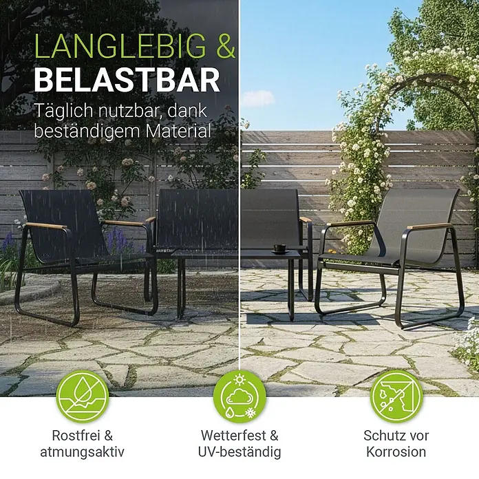 Juskys Loungemöbel-Set Genua - 4 -tlg., Gestell: Stahl (pulverbeschichtet); Tischplatte: 5 mm ESG-Glas; Sitzfläche: Polyester (PVC-beschichtet), Anthrazit - Anthrazitfarbene Gartenstühle und Tisch in regnerischer und sonniger Umgebung, die Langlebigkeit und Wetterbeständigkeit hervorheben.
