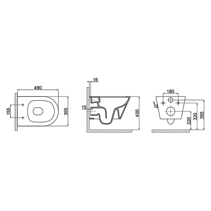Kreabad Wand-Dusch-WC-Set -  - Technische Zeichnung einer wandhängenden Toilette mit Maßen und Montagedetails in Draufsicht, Seitenansicht und Rückansicht.