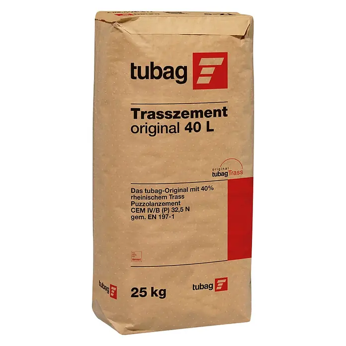 Tubag Trasszement - 25 kg, Chromatarm - Ein brauner Papiersack tubag Trasszement (Puzzolanzement) mit 25 kg Inhalt und 40 Litern Volumen.