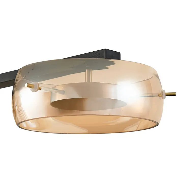Lucande Pendelleuchte Martis - creme / amber, Schwarz, messing, amber - Moderne Leuchte mit schwarzem Arm, bernsteinfarbenem Glasschirm und gebürsteter Metallplatte innen.