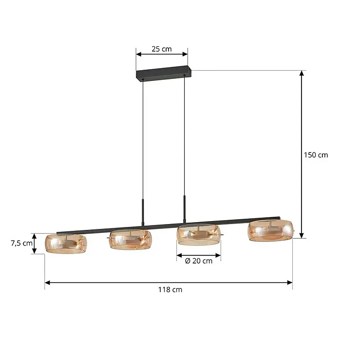 Lucande Pendelleuchte Martis - creme / amber, Schwarz, messing, amber - Schwarze lineare Hängelampe mit vier bernsteinfarbenen Glasschirmen, 118 cm lang.