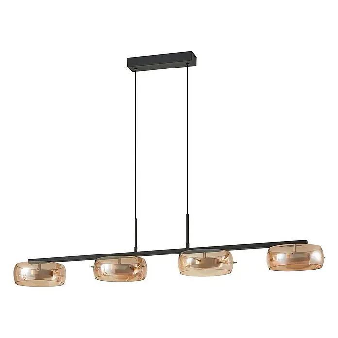 Lucande Pendelleuchte Martis - creme / amber, Schwarz, messing, amber - Moderne schwarze Pendelleuchte mit vier bernsteinfarbenen Glasschirmen.