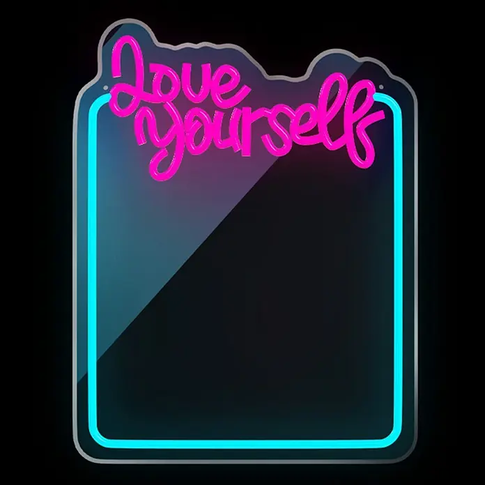 Lámpara decorativa Neon Mirror - 5,2 W, 34,5 x 44 cm, Interruptor, Espejo Love - Letrero de neón con marco cian y texto rosa "Love Yourself" en un panel transparente.
