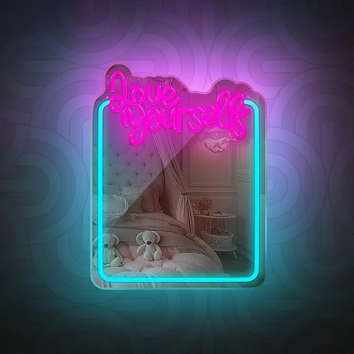 Lámpara decorativa Neon Mirror - 5,2 W, 34,5 x 44 cm, Interruptor, Espejo Love - Letrero de neón rosa "Love Yourself" enmarcado en turquesa, iluminando cálidamente una habitación acogedora.