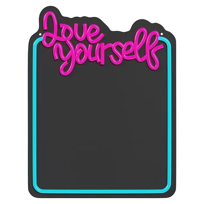 Lámpara decorativa Neon Mirror - 5,2 W, 34,5 x 44 cm, Interruptor, Espejo Love - Pizarra gris oscuro con marco azul claro y texto cursivo rosa "Love yourself".
