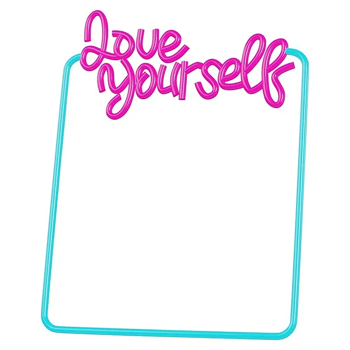 Lámpara decorativa Neon Mirror - 5,2 W, 34,5 x 44 cm, Interruptor, Espejo Love - Texto neón rosa 'Love Yourself' en un marco neón rectangular azul claro.