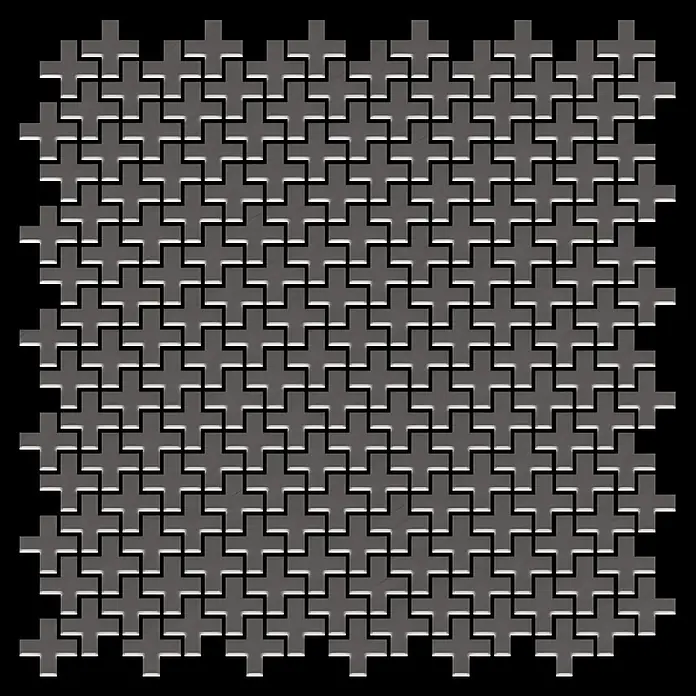 ALLOY Mosaikfliese Mosaik Fliese massiv Titan gebürstet dunkelgrau 1,6mm Swiss Cross-Ti-SB - 322 x 322 mm, Schwarz, Grau, Sonstiges - Dunkelgraue, ineinandergreifende, kreuzförmige Mosaikfliesen mit gebürsteter Metalloberfläche, die ein dekoratives Gitter bilden.