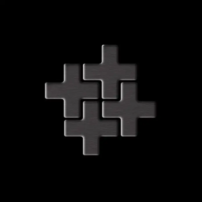 ALLOY Mosaikfliese Mosaik Fliese massiv Titan gebürstet dunkelgrau 1,6mm Swiss Cross-Ti-SB - 322 x 322 mm, Schwarz, Grau, Sonstiges - Vier dunkelgraue, gebürstete Metall-Kreuzfliesen, quadratisch ineinandergreifend angeordnet.