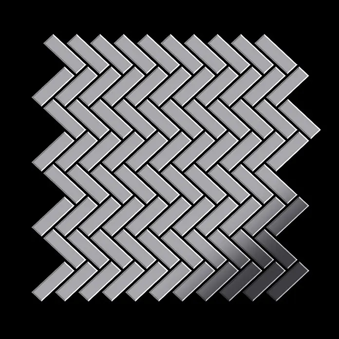 ALLOY Mosaikfliese Mosaik Fliese massiv Edelstahl hochglanz grau 1,6mm Herringbone-S-S-M - 309 x 300 mm, Grau, Silber, Hochglänzend - Metallisch graue Fischgrät-Mosaikfliesen, die ein dekoratives Muster für Wände oder Böden bilden.