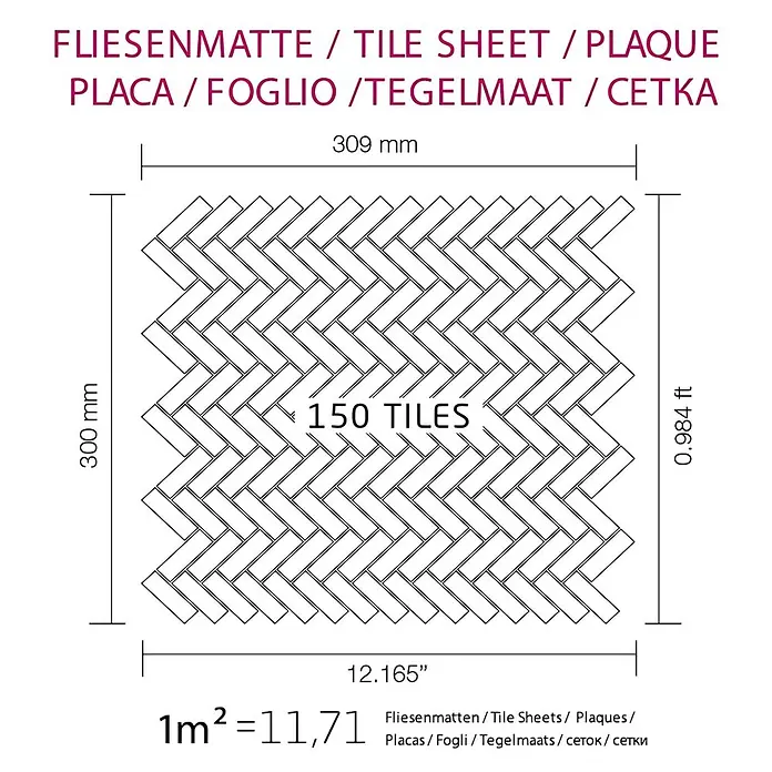 ALLOY Mosaikfliese Mosaik Fliese massiv Edelstahl hochglanz grau 1,6mm Herringbone-S-S-M - 309 x 300 mm, Grau, Silber, Hochglänzend - Diagramm einer Fischgrät-Fliesenmatte, Maße 309x300mm, mit 150 Fliesen.