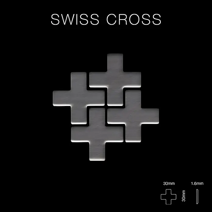 ALLOY Mosaikfliese Mosaik Fliese massiv Titan gebürstet dunkelgrau 1,6mm Swiss Cross-Ti-SB - 322 x 322 mm, Schwarz, Grau, Sonstiges - Vier ineinandergreifende Schweizer Kreuze aus gebürstetem Metall, 30mm x 1.6mm.