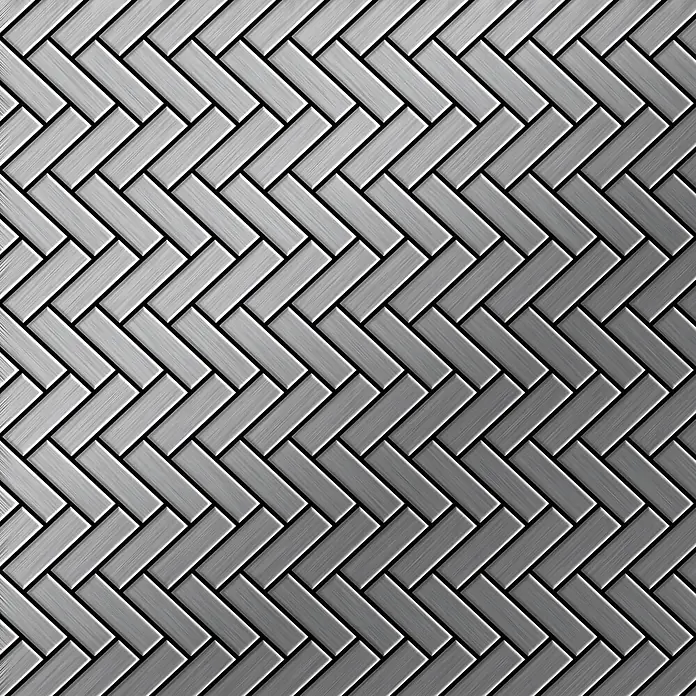 ALLOY Mosaikfliese Mosaik Fliese massiv Edelstahl hochglanz grau 1,6mm Herringbone-S-S-M - 309 x 300 mm, Grau, Silber, Hochglänzend - Nahtloses metallisches Fischgrätmuster mit gebürsteten silbernen und grauen rechteckigen Kacheln.
