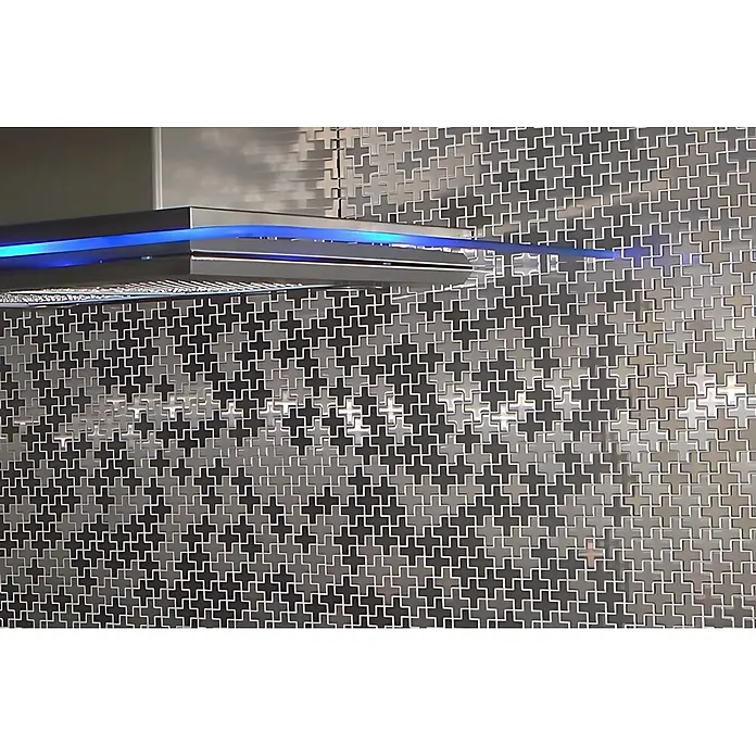 ALLOY Mosaikfliese Mosaik Fliese massiv Metall Titan hochglanz gold 1,6mm Swiss Cross-Ti-GM - 322 x 322 mm, Gold, Hochglänzend - Moderne Dunstabzugshaube aus Metall mit blauer LED-Beleuchtung über gemusterter Fliesenrückwand.