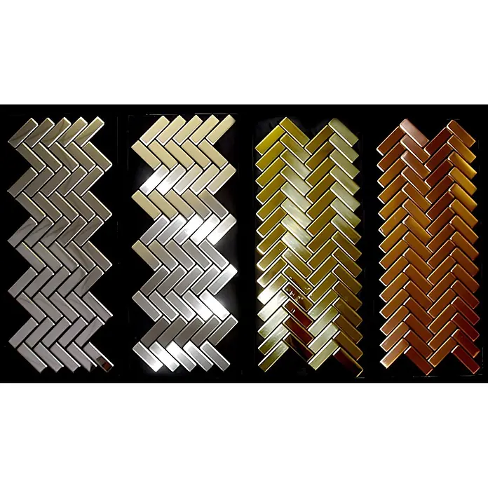 ALLOY Mosaikfliese Mosaik Fliese massiv Edelstahl hochglanz grau 1,6mm Herringbone-S-S-M - 309 x 300 mm, Grau, Silber, Hochglänzend - Metallische Mosaikfliesen im Fischgrätmuster: Silber, Hellgold, Gold und Kupfer.