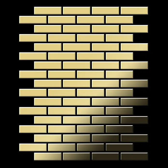 ALLOY Mosaikfliese Mosaik Fliese massiv Metall Messing gewalzt gold 1,6mm stark PK-BM - 309 x 302 mm, Gold, Sonstiges - Goldene metallische Rechteckfliesen im Ziegelmuster, geeignet für Wandverkleidungen.