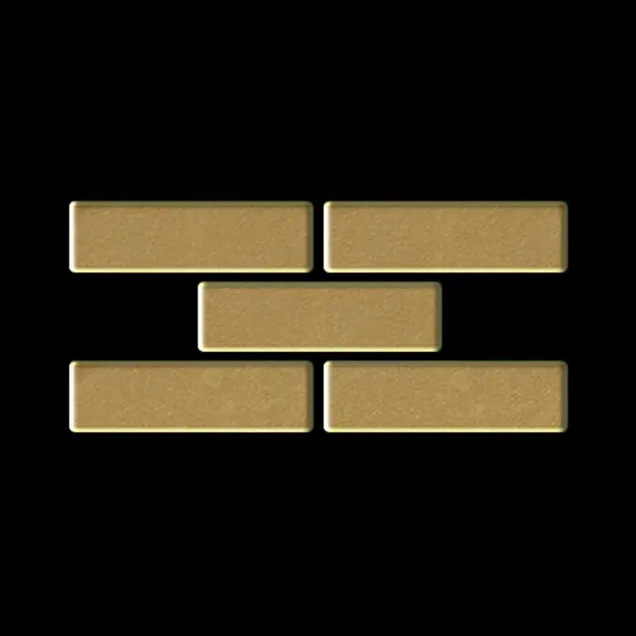 ALLOY Mosaikfliese Mosaik Fliese massiv Metall Messing gewalzt gold 1,6mm stark PK-BM - 309 x 302 mm, Gold, Sonstiges - Fünf goldene, rechteckige, ziegelartige Formen.