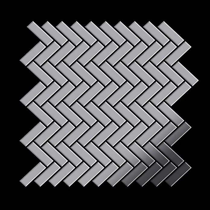 ALLOY Mosaikfliese Mosaik Fliese massiv Edelstahl hochglanz grau 1,6mm Herringbone-S-S-M - 309 x 300 mm, Grau, Silber, Hochglänzend - Glänzende, silberne Metall-Mosaikfliesen im Fischgrätmuster.