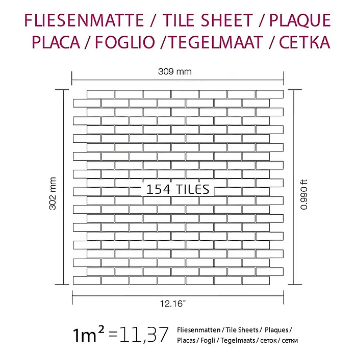 ALLOY Mosaikfliese Mosaik Fliese massiv Edelstahl hochglänzend grau 1,6mm stark PK-S-S-M - 309 x 302 mm, Grau, Silber, Hochglänzend - Fliesenmatte mit 154 weißen, rechteckigen Fliesen im Ziegelverband, Maße 309x302 mm (12.16x0.990 ft), zeigt Abmessungen und Deckungsbereich.