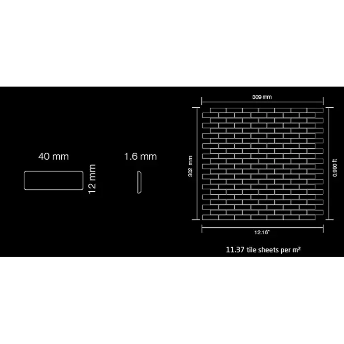 ALLOY Mosaikfliese Mosaik Fliese massiv Edelstahl hochglänzend grau 1,6mm stark PK-S-S-M - 309 x 302 mm, Grau, Silber, Hochglänzend - Technische Zeichnung rechteckiger Mosaikfliesen, 40x12mm, 1.6mm dick, auf einem 309x302mm Bogen, mit Verlegeangaben.
