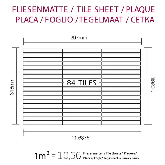 ALLOY Mosaikfliese Mosaik Fliese massiv Titan hochglänzend kupfer 1,6mm stark Linear-Ti-AM - 316 x 297 mm, Bronze, Hochglänzend - Schema einer Fliesenmatte, 297x316mm, mit 84 einzelnen Fliesen. Zeigt Flächenumrechnung: 1m² = 10,66 Matten.