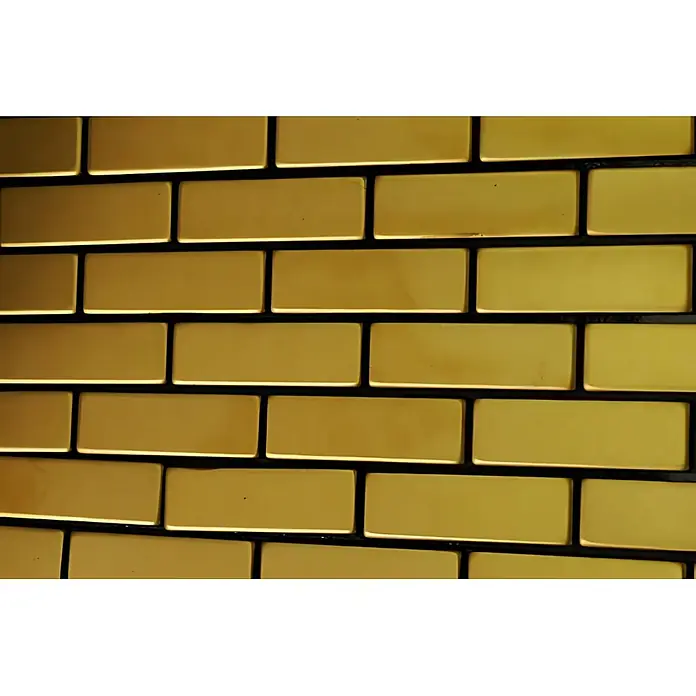 ALLOY Mosaikfliese Mosaik Fliese massiv Metall Messing gewalzt gold 1,6mm stark PK-BM - 309 x 302 mm, Gold, Sonstiges - Goldene rechteckige Fliesen bilden eine gemusterte Wand.