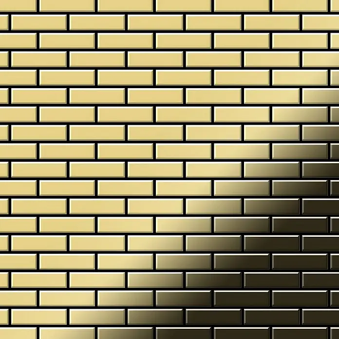 ALLOY Mosaikfliese Mosaik Fliese massiv Metall Messing gewalzt gold 1,6mm stark PK-BM - 309 x 302 mm, Gold, Sonstiges - Metallisches Ziegelsteinmuster mit Gold-Bronze-Farbverlauf.