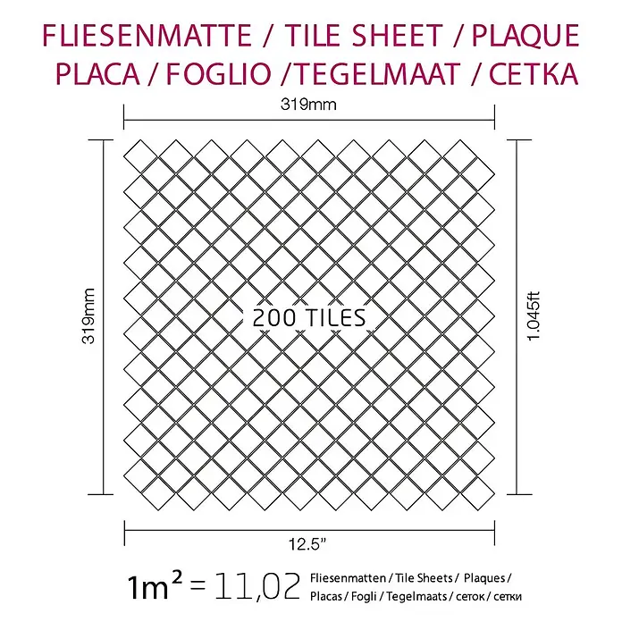 ALLOY Mosaikfliese Mosaik Fliese massiv Titan gebürstet kupfer 1,6mm stark Diamond-Ti-AB - 319 x 319 mm, Bronze, Sonstiges - Diagramm einer Fliesenmatte mit 200 kleinen quadratischen Fliesen, die Maße zeigt.