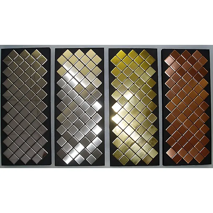 ALLOY Mosaikfliese Mosaik Fliese massiv Titan gebürstet kupfer 1,6mm stark Diamond-Ti-AB - 319 x 319 mm, Bronze, Sonstiges - Vier Tafeln mit quadratischen Metallmosaikfliesen: Gunmetal, Silber, Gold und Kupfer.