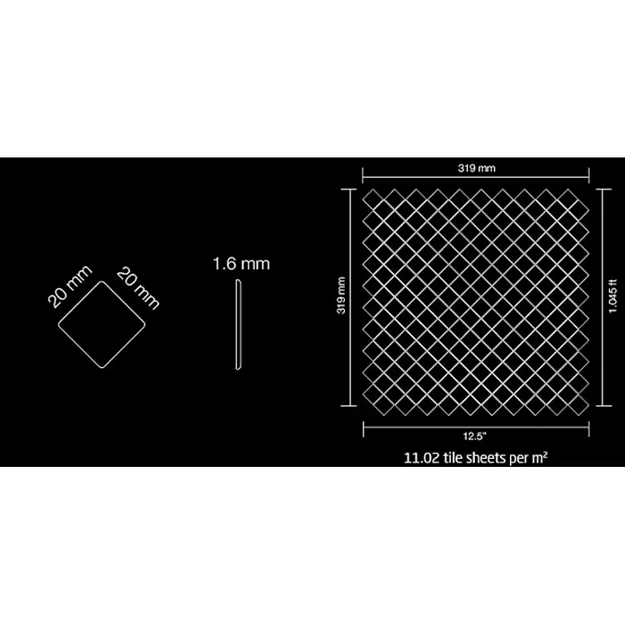 ALLOY Mosaikfliese Mosaik Fliese massiv Titan gebürstet kupfer 1,6mm stark Diamond-Ti-AB - 319 x 319 mm, Bronze, Sonstiges - Spezifikationen für 20mm quadratische Mosaikfliesen, 1.6mm dick, auf einem 319x319mm Bogen. 11.02 Fliesenbogen decken einen Quadratmeter ab.