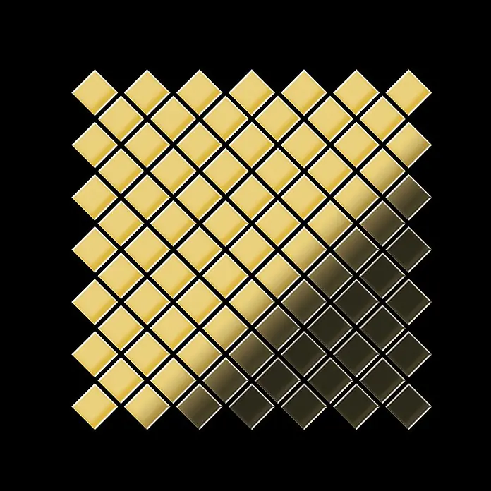 ALLOY Mosaikfliese Mosaik Fliese massiv Metall Messing gewalzt gold 1,6mm stark Diamond-BM - 319 x 319 mm, Gold, Sonstiges - Goldene und dunkle quadratische Metallmosaikfliesen bilden ein diagonales Muster.