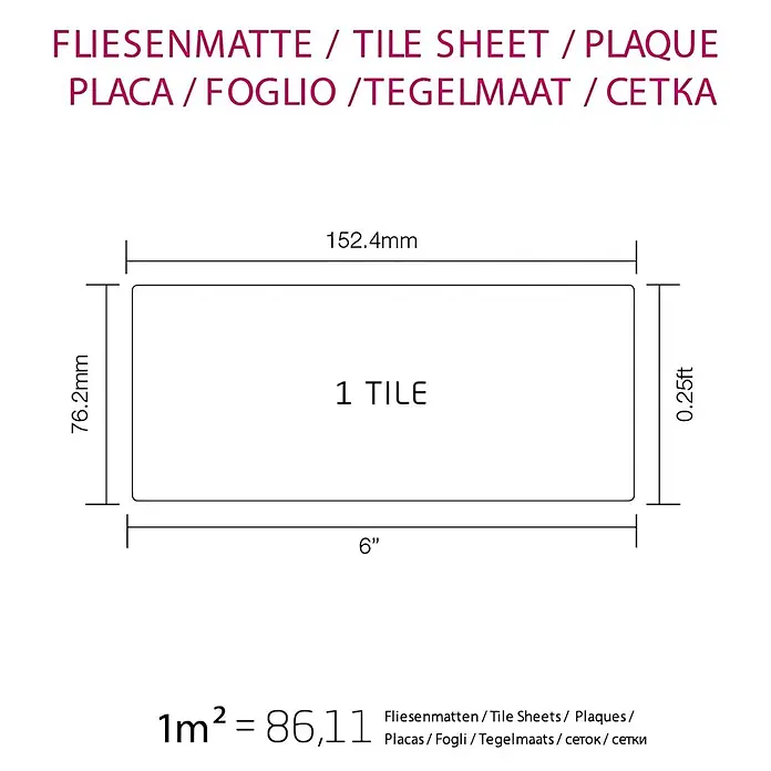 ALLOY Mosaikfliese Mosaik Fliese massiv Metall Rohstahl gewalzt grau 1,6mm stark Subway-RS - 76 x 152 mm, Grau, Sonstiges - Technisches Diagramm einer Fliese, mit Maßen in mm, Zoll, Fuß und Flächenumrechnung für 1m² Fliesenmatten.