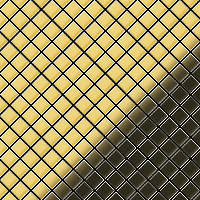 ALLOY Mosaikfliese Mosaik Fliese massiv Metall Messing gewalzt gold 1,6mm stark Diamond-BM - 319 x 319 mm, Gold, Sonstiges - Reflektierende Rautenfliesen mit einem diagonalen Farbverlauf von Goldgelb zu Dunkelgrau, ein geometrisches Muster bildend.
