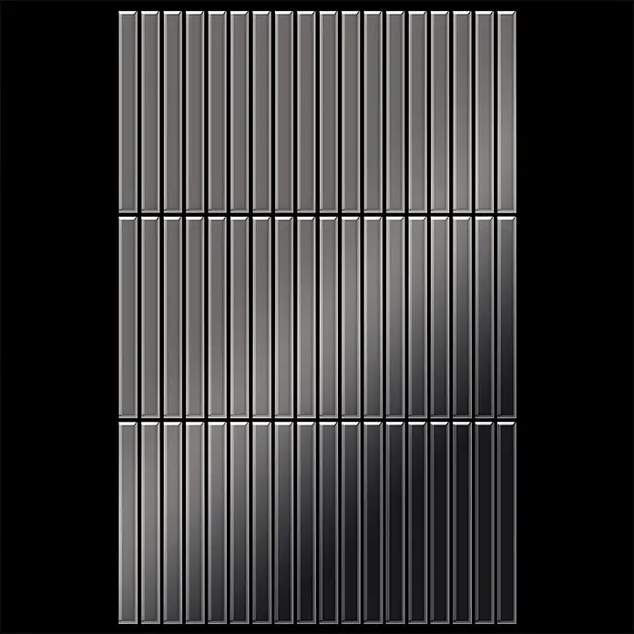 ALLOY Mosaikfliese Mosaik Fliese massiv Metall Titan hochglanz dunkelgrau 1,6mm Linear-Ti-SM - 316 x 297 mm, Schwarz, Grau, Hochglänzend - Vertikal angeordnete rechteckige Fliesen in Metallic-Grau.
