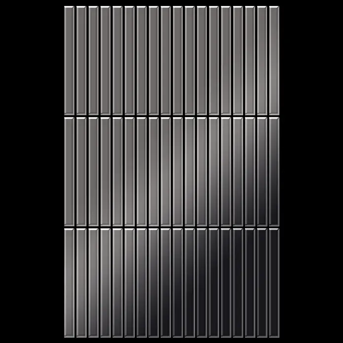 ALLOY Mosaikfliese Mosaik Fliese massiv Metall Titan hochglanz dunkelgrau 1,6mm Linear-Ti-SM - 316 x 297 mm, Schwarz, Grau, Hochglänzend - Dunkelgraue rechteckige Fliesen vertikal in einem Gittermuster angeordnet.