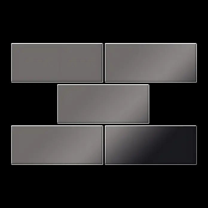 ALLOY Mosaikfliese Mosaik Fliese massiv Metall Titan hochglanz dunkelgrau 1,6mm Subway-Ti-SM - 76 x 152 mm, Schwarz, Grau, Hochglänzend - Fünf glänzende, graue Rechteckfliesen mit Farbverlauf, versetzt angeordnet.