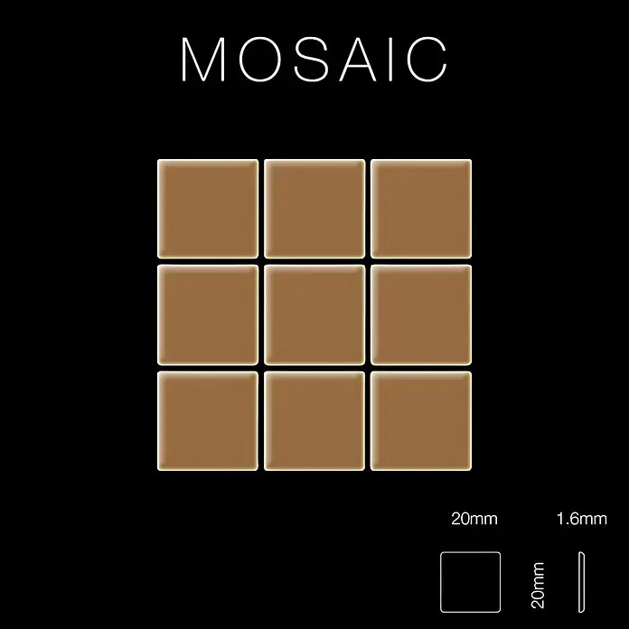 ALLOY Mosaikfliese Mosaik Fliese massiv Titan hochglänzend kupfer 1,6mm stark Mosaic-Ti-AM - 322 x 322 mm, Bronze, Hochglänzend - Neun quadratische braune Mosaikfliesen, je 20x20mm und 1,6mm dick, in einem 3x3-Raster angeordnet.