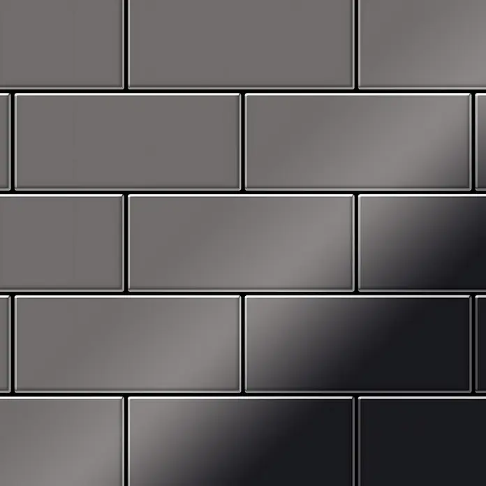 ALLOY Mosaikfliese Mosaik Fliese massiv Metall Titan hochglanz dunkelgrau 1,6mm Subway-Ti-SM - 76 x 152 mm, Schwarz, Grau, Hochglänzend - Glänzende graue und schwarze U-Bahn-Fliesen in einem Farbverlaufsmuster angeordnet.