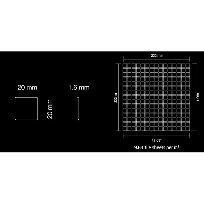 ALLOY Mosaikfliese Mosaik Fliese massiv Metall Titan gebürstet gold 1,6mm stark Mosaic-Ti-GB - 322 x 322 mm, Gold, Sonstiges - Quadratische Mosaikfliese, 20x20x1,6mm, auf einem 322x322mm Bogen, mit Maß- und Flächenangaben.