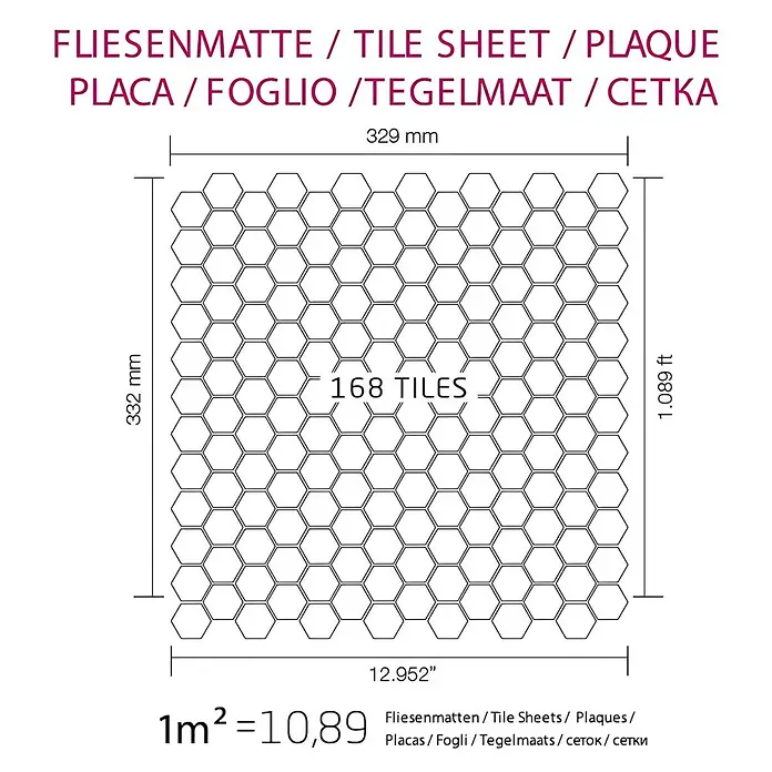 ALLOY Mosaikfliese Mosaik Fliese massiv Metall Titan gebürstet kupfer 1,6mm stark Honey-Ti-AB - 329 x 332 mm, Bronze, Sonstiges - Diagramm einer sechseckigen Fliesenmatte mit 168 Fliesen, Abmessungen in mm, Zoll und Fuß.