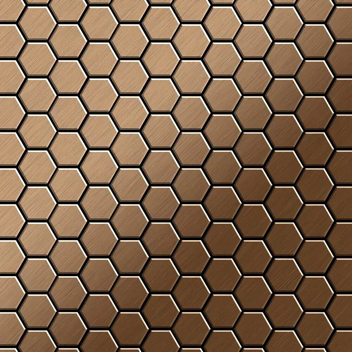 ALLOY Mosaikfliese Mosaik Fliese massiv Metall Titan gebürstet kupfer 1,6mm stark Honey-Ti-AB - 329 x 332 mm, Bronze, Sonstiges - Hexagonales Bronze-Muster mit gebürsteter Metalltextur und braunem Farbverlauf.