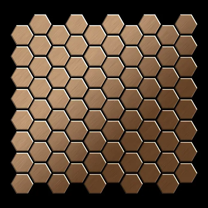 ALLOY Mosaikfliese Mosaik Fliese massiv Metall Titan gebürstet kupfer 1,6mm stark Honey-Ti-AB - 329 x 332 mm, Bronze, Sonstiges - Gebürstete bronzefarbene Sechseckfliesen in einem Gitter, mit einem warmen Braungradienten von hell nach dunkel.