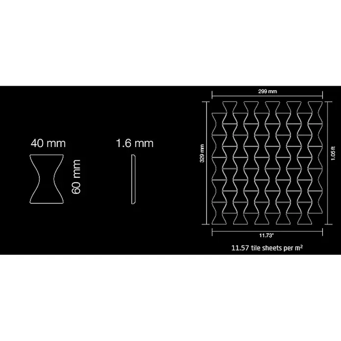 ALLOY Mosaikfliese Mosaik Fliese massiv Edelstahl marine hochglanz grau 1,6mm Kismet-S-S-MM - 329 x 299 mm, Grau, Silber, Blau, Hochglänzend - Diagramm von Sanduhrfliesen: Einzelne Fliese 40x60x1.6mm, Fliesenbogen 299x329mm mit 35 Fliesen.