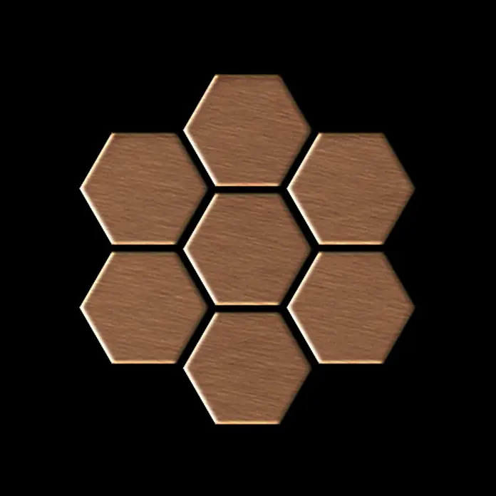 ALLOY Mosaikfliese Mosaik Fliese massiv Metall Titan gebürstet kupfer 1,6mm stark Honey-Ti-AB - 329 x 332 mm, Bronze, Sonstiges - Sieben hellbraune, gebürstete sechseckige Fliesen in einem Wabenmuster.