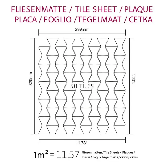 ALLOY Mosaikfliese Mosaik Fliese massiv Edelstahl marine hochglanz grau 1,6mm Kismet-S-S-MM - 329 x 299 mm, Grau, Silber, Blau, Hochglänzend - Diagramm einer Fliesenmatte mit 50 sanduhrförmigen Fliesen, Maße und Flächenangaben.
