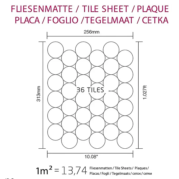ALLOY Mosaikfliese Mosaik Fliese massiv Edelstahl matt grau 1,6mm stark Medallion-S-S-MA - 313 x 256 mm, Grau, Silber, Matt - Diagramm einer Fliesenmatte mit 36 runden Fliesen, das die Abmessungen (256x313mm) angibt.