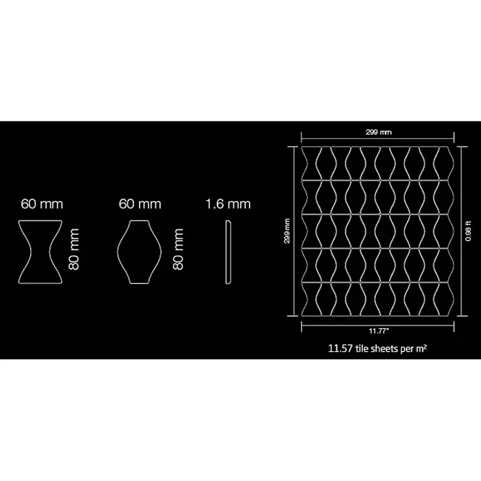 ALLOY Mosaikfliese Mosaik Fliese massiv Metall Titan gebürstet gold 1,6mm Kismet & Karma-Ti-GB - 299 x 299 mm, Gold, Sonstiges - Technisches Diagramm einer Mosaikfliesenmatte mit sanduhr- und fassförmigen Fliesen, zeigt Maße und Mattenlayout.