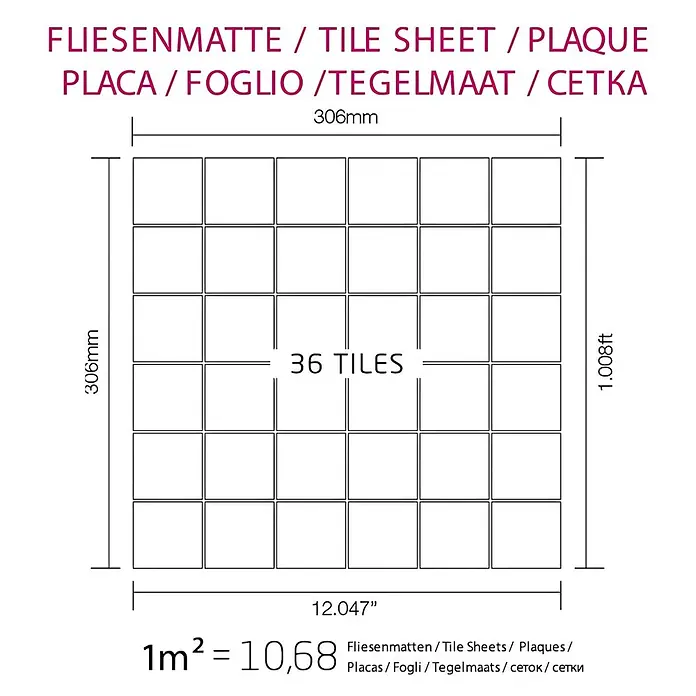ALLOY Mosaikfliese Mosaik Fliese massiv Titan hochglanz dunkelgrau 1,6mm Cinquanta-Ti-SM - 306 x 306 mm, Schwarz, Grau, Hochglänzend - Fliesenmatte (36 Fliesen) mit Maßen 306mm (12.047 Zoll) und Flächenangaben.