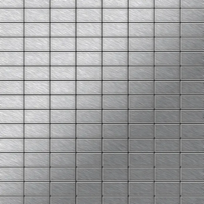 ALLOY Mosaikfliese Mosaik Fliese massiv Edelstahl gebürstet grau 1,6mm stark Bauhaus-S-S-B - 318 x 329 mm, Grau, Silber, Sonstiges - Rechteckige Fliesen aus gebürstetem Silbermetall in einem Rastermuster.